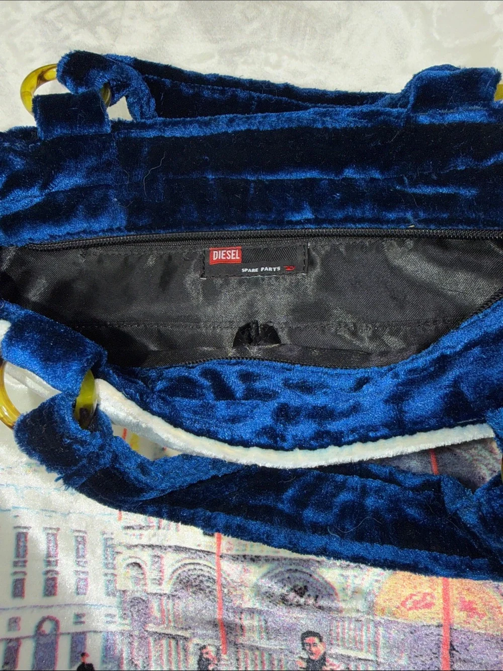 Vintage Diesel Blue Velvet Venice Gondola Print Hobo Handbag Y2K Shoulder Bag